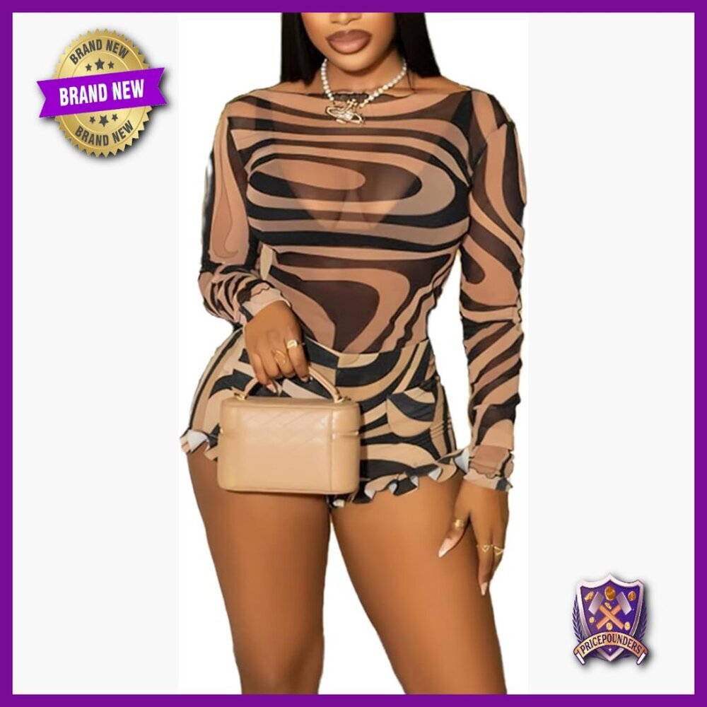Sexy Mesh Print Long Sleeve Crop Top and Bodycon Shorts Set Y2K